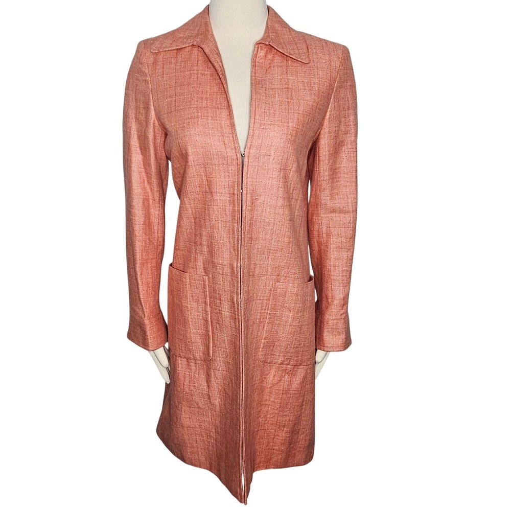 David‎ N. Coral Orange Silk Linen Blend Long Topper Jacket Size 4M